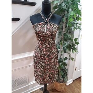 LOFT Womens Brown Floral Halter Neck Sleeveless Knee Length Dress Size Petite 4